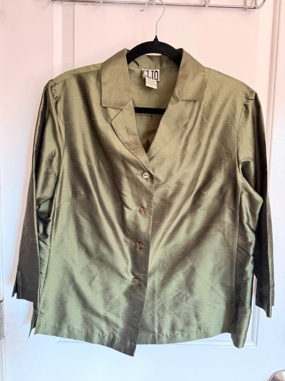 Vintage 90s Clio Olive Green Raw Silk Shantung Jacket Dark Academia Earthy Boho